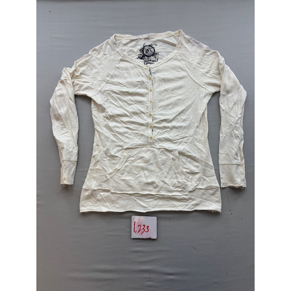 Gap 1969 Womens XS Cream Long Sleeve Henley Kangaroo Pocket Raw Hem Top